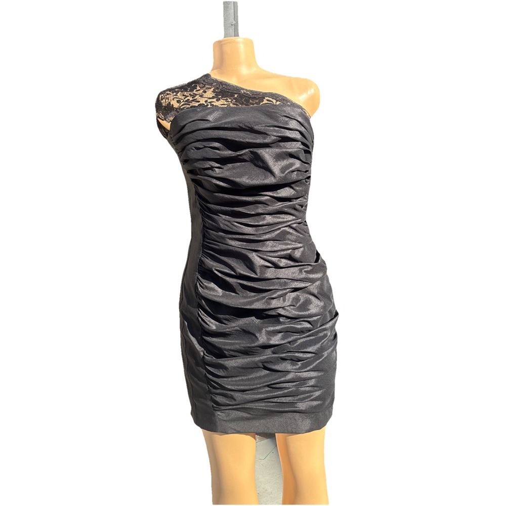 VTG Jessica McClintock Sz 12 Womens Black Satin Lace One Shoulder Grunge Dress
